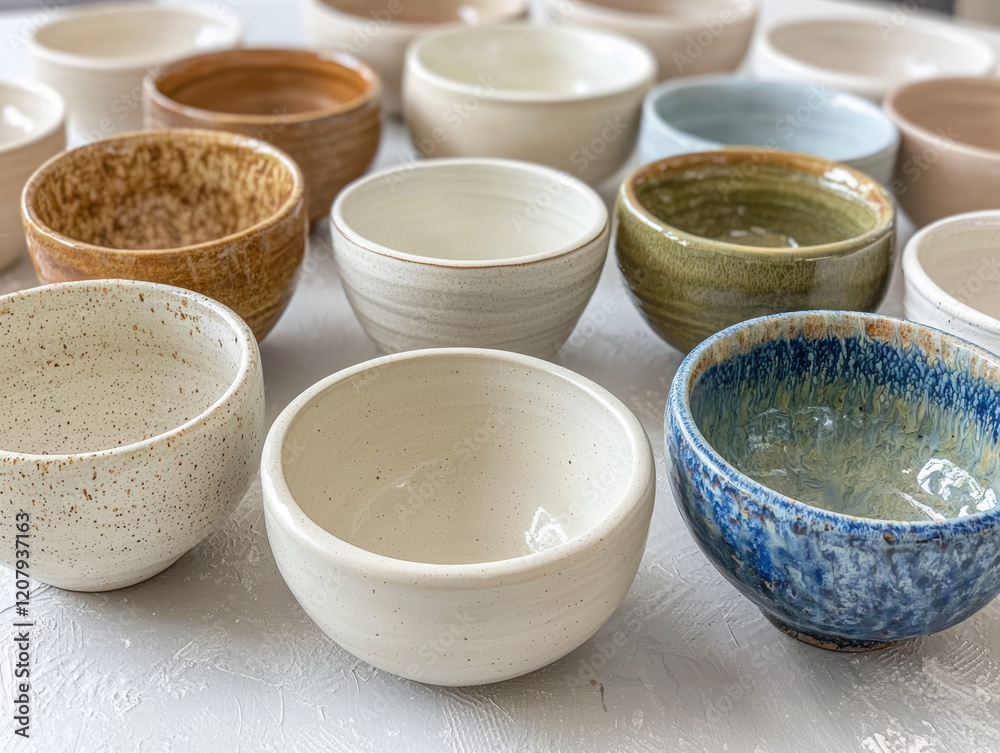 Handmade pottery bowls in various colors and textures, showcasing unique designs Handmade pottery bowls in various colors and textures, showcasing unique designs