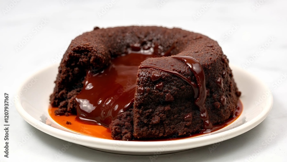 A decadent chocolate lava cake, freshly baked and oozing with warm, molten chocolate. A decadent chocolate lava cake, freshly baked and oozing with warm, molten chocolate.
