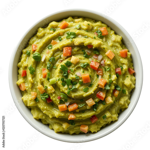 Fresh and Flavorful Guacamole Garnished with Colorful Vegetables photo