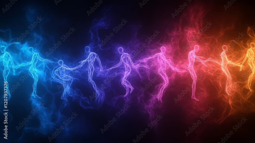 network of bright abstract human silhouettes connected by energy, showcasing unity and collaboration. vibrant colors transition from blue to purple to red, creating dynamic visual effect