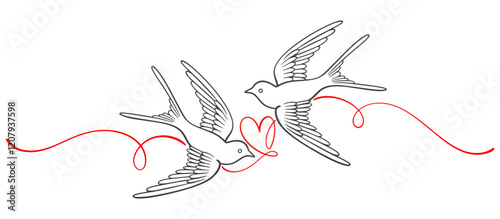two pair couple swallow swift birds with love symbol line art style vector illustration
