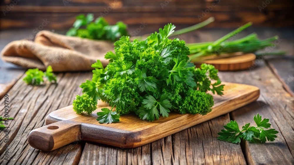 Tilt-Shift Parsley on Rustic Wooden Board - Photorealistic AI Art
