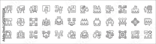 Business presentation icon set. Meeting and conference icons. Contains symbols of seminar, sales presentation, profile company, plan, briefing, project, schedule, strategy. Thin line icon design.