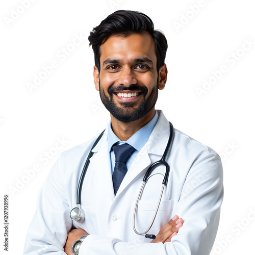 Indian male Doctor Portrait with Stethoscope, Professional Medical Background photo