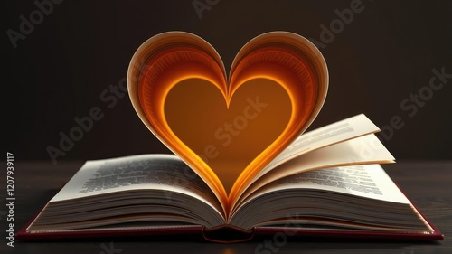 An open book with a heart shape cut out of its center revealing a warm golden light inside, open book, illuminated pages, leather bound book