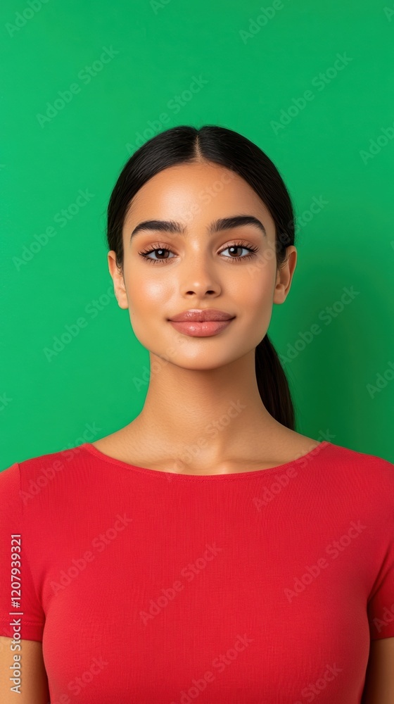 Portrait of Woman in Red Top with Green Screen Background Perfect for Influencer Content Creation and Online Reviews** Portrait of Woman in Red Top with Green Screen Background Perfect for Influencer Content Creation and Online Reviews**