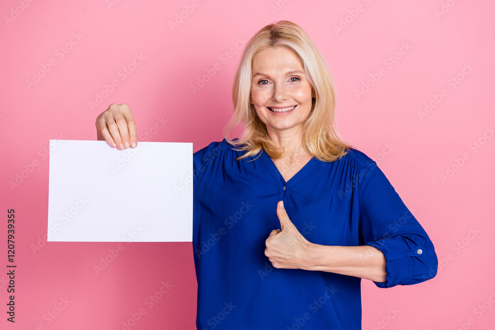 Photo portrait of attractive retired woman hold white paper sheet thumb up dressed stylish blue clothes isolated on pink color background Photo portrait of attractive retired woman hold white paper sheet thumb up dressed stylish blue clothes isolated on pink color background