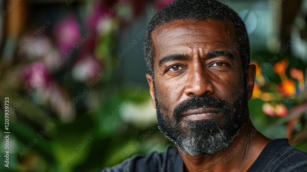 A close-up portrait of a man with a thoughtful expression, surrounded by lush greenery. A close-up portrait of a man with a thoughtful expression, surrounded by lush greenery.