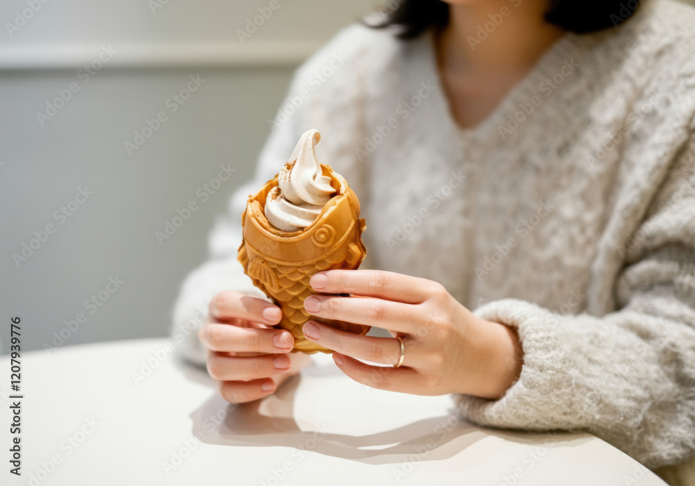Enjoying a soft serve ice cream cone creatively served in a fish-shaped waffle cone at a cozy café Enjoying a soft serve ice cream cone creatively served in a fish-shaped waffle cone at a cozy café