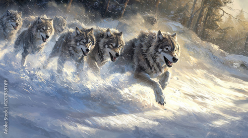 A pack of wolves sprints through a snow-covered forest, their fur glistening in the sunlight while fresh snowflakes swirl around them on a chilly winter morning