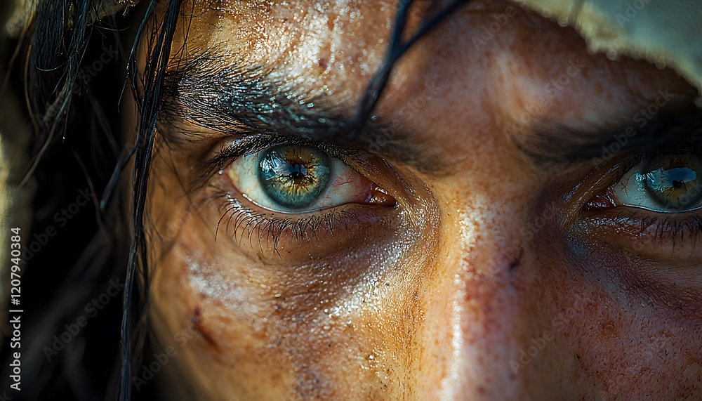Intense Close-Up of a Man's Face Capturing Emotion and Depth with Striking Blue-Green Eyes and Detail in Skin Texture and Expression under Natural Lighting Intense Close-Up of a Man's Face Capturing Emotion and Depth with Striking Blue-Green Eyes and Detail in Skin Texture and Expression under Natural Lighting