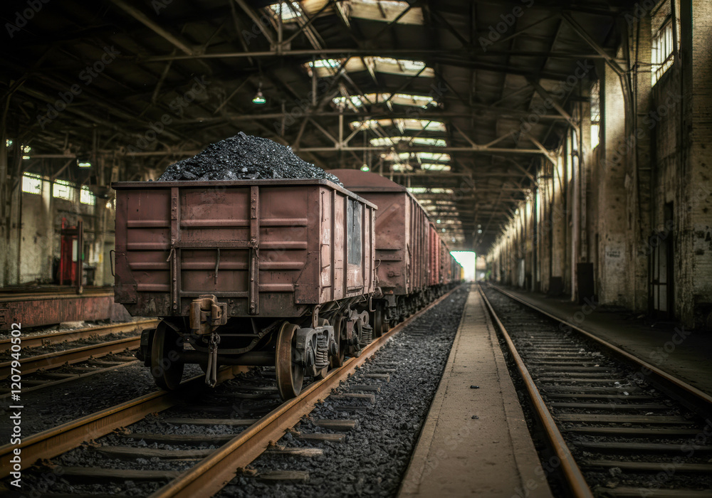 Industrial railway scene featuring coal wagons in an empty warehouse on a cloudy day Industrial railway scene featuring coal wagons in an empty warehouse on a cloudy day