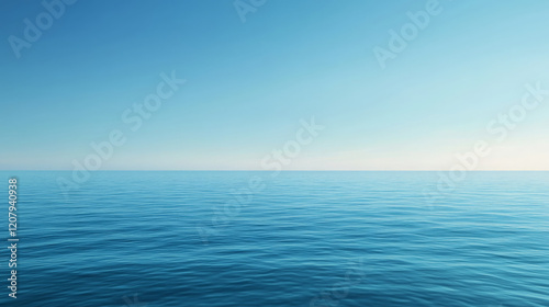 serene view of calm ocean waters under clear blue sky, evoking tranquility and peace. gentle waves reflect sunlight, creating soothing atmosphere