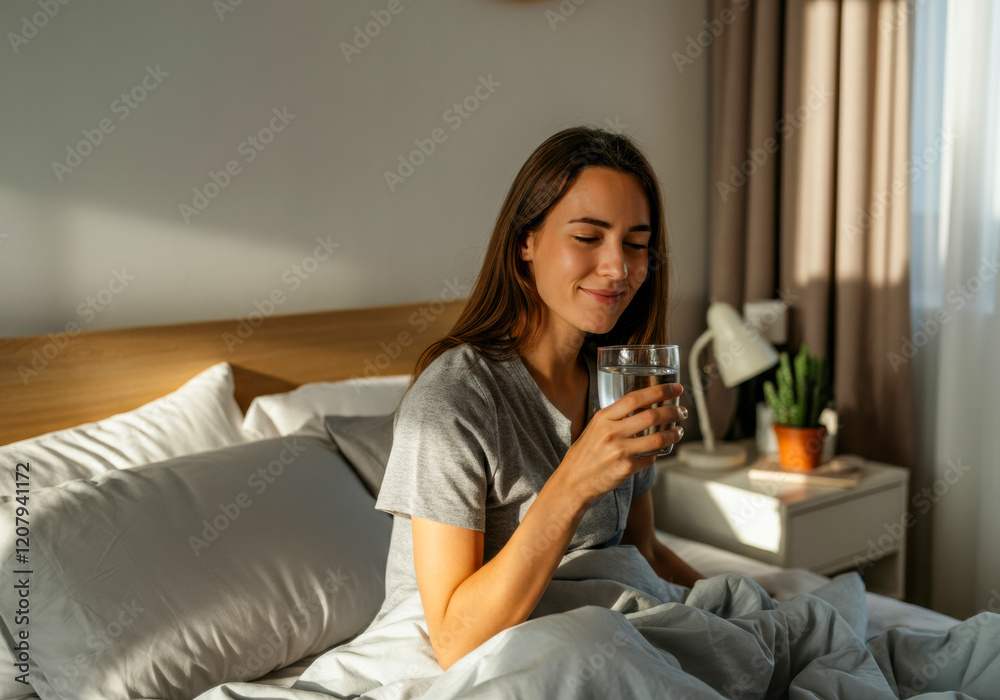 Morning routines featuring a woman enjoying a glass of water in a cozy bedroom setting Morning routines featuring a woman enjoying a glass of water in a cozy bedroom setting
