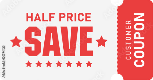 Coupon tickets with half price discount on white and red background. Vector illustration.