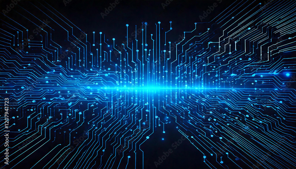 Obraz premium Abstract Ai digital circuit board with glowing blue lines and lights.Computer motherboard with a chip, processor, and semiconductor. Digital vector illustration