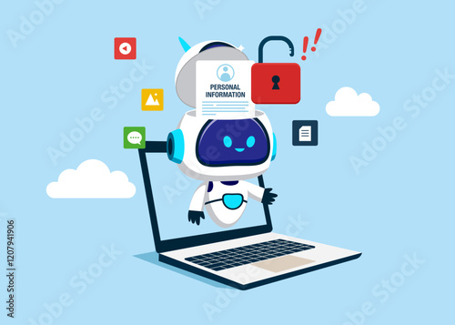 Open robot head to see Blocked Account. Online Information Hacking. Hacking and exploit results. Artificial intelligence. Flat vector Illustration.