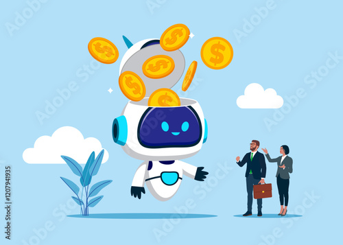 Open robot head to see Golden Coins. Savings, Collecting Money in Account, Open Bank Deposit. World economic vision for business, technology or investment. Artificial intelligence. Vector illustration