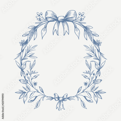 Botanical blue wedding frame or wreath on white background. Hand drawn floral, flower, leaf branch in toile de jouy style. Line art for wedding, monogram, invitation, greeting, logo, birthday cards