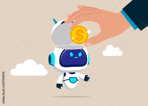 Artificial intelligence. Hand putting coin a robot head. World economic vision for business, technology or investment. Modern vector illustration in flat style