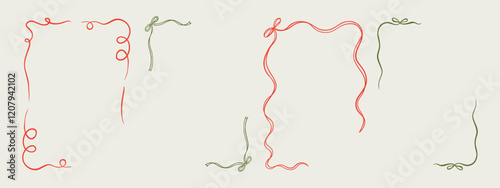 Set of elegant whimsical hand-drawn pink blue orange green color frames with wavy squiggle curly ribbons in trendy, vintage styles. Perfect for quirky holiday, wedding, birthday gift decorations