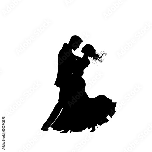 Silhouette of a romantic couple dancing, evoking elegance and passion. Perfect for themes of love, romance, or formal events like weddings and celebrations.