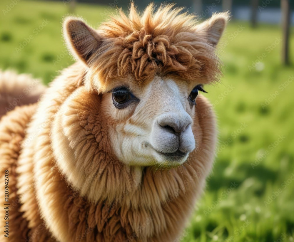 Close-up of a fluffy alpaca with soft fur grazing in green field, animal, field Close-up of a fluffy alpaca with soft fur grazing in green field, animal, field