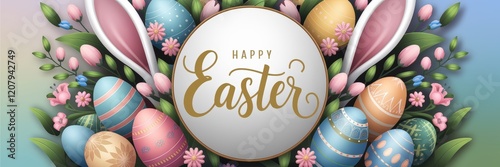 Happy Easter with Eggs, Flowers, and Bunny Ears Oval
