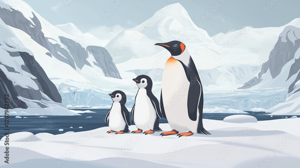 Obraz premium Pebnguins super babies standing in ice near ice hills.