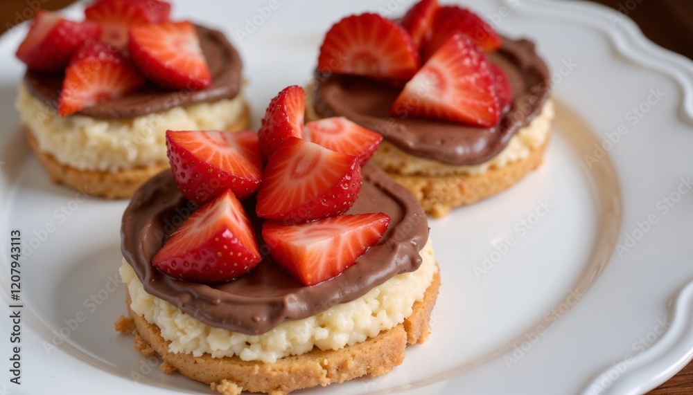 Elegant Chocolate Strawberry Mini Tarts with Fresh Berries on White Plate Elegant Chocolate Strawberry Mini Tarts with Fresh Berries on White Plate