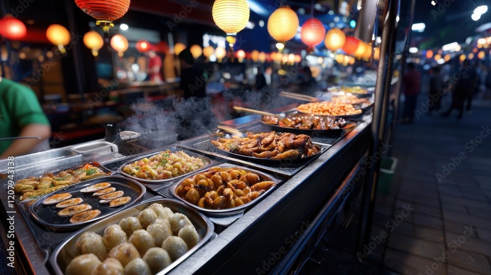 Fototapeta premium Vibrant night market filled with delicious street food options displayed under glowing lanterns. Vendors serve steaming dishes to eager customers enjoying the lively environment