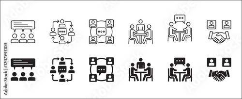 Business meeting icon set. Presentation and conference icons. Contains symbols of briefing, project, schedule, strategy, seminar, sales presentation, profile company, plan.