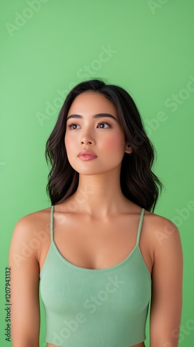 Young Woman Posing Against Green Background for Makeup Tutorial Concept with Vibrant Colors and Minimalist Style