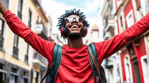 Joyful young man listening to music on city street, arms raised in celebration of travel and urban exploration