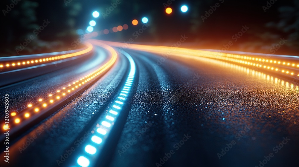 Night road curve with motion blur, lights, and wet asphalt Night road curve with motion blur, lights, and wet asphalt