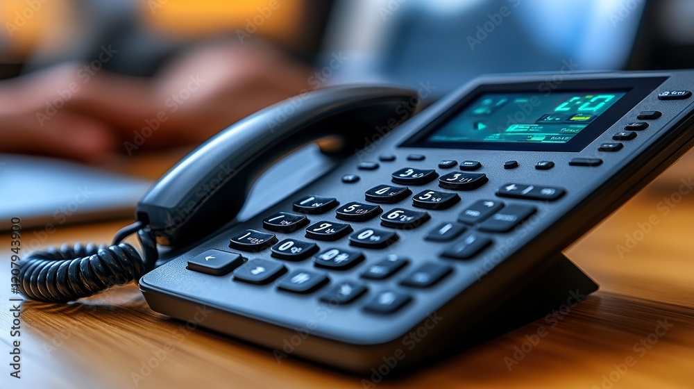 Office desk phone on hold, person working on laptop in background