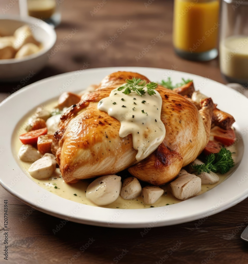 Chicken served with a side of rich, garlicky cream sauce, upscale cuisine, dinnerware Chicken served with a side of rich, garlicky cream sauce, upscale cuisine, dinnerware