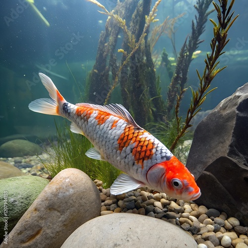 in a aquarium one koi fish with stones and seaweed, file type HD photo