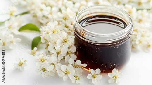 Jar of Dark Honey Surrounded by Fresh Blossom Flowers