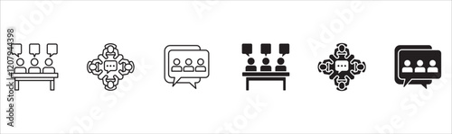 Business Meeting icon set. Presentation and conference icons. Contains symbols of online conference, briefing, project, schedule, strategy, seminar, sales presentation, profile company, plan.