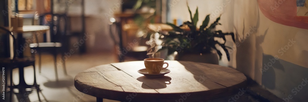 Fototapeta premium Cinematic shadow of steaming coffee cup in cafe
