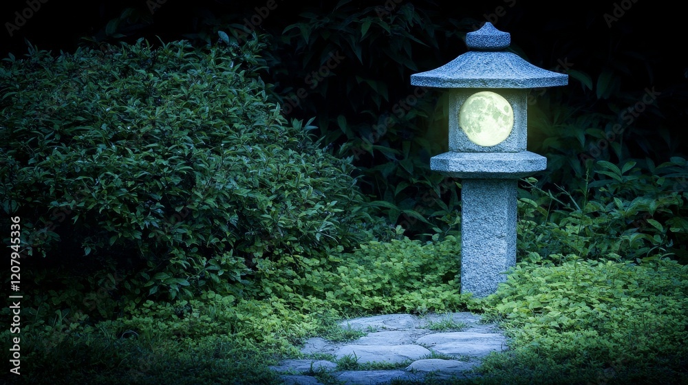 Moonlit Stone Lantern in Serene Garden at Night Moonlit Stone Lantern in Serene Garden at Night
