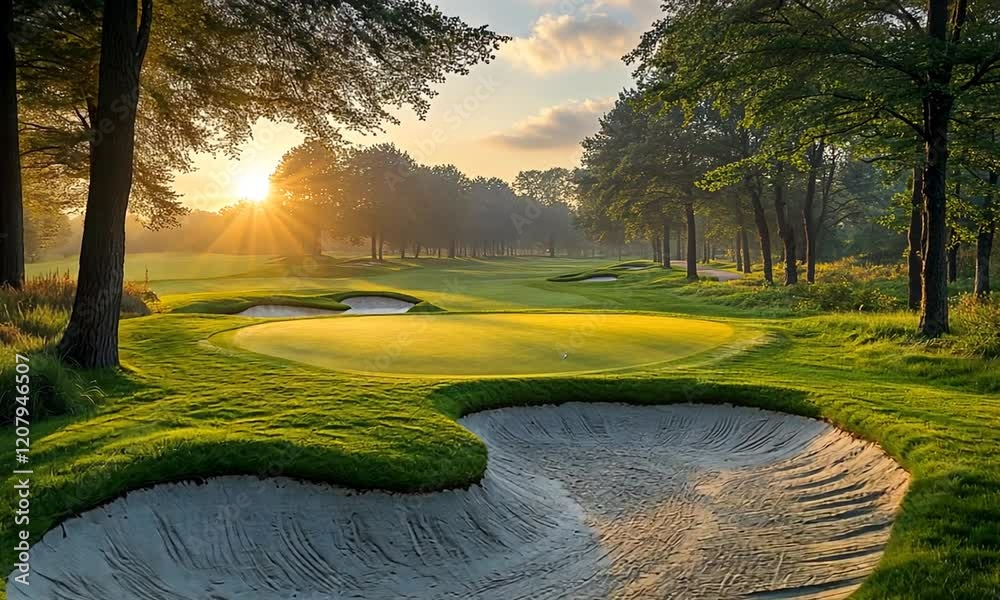 A serene golf course at sunrise, featuring a sand trap and lush green fairways.