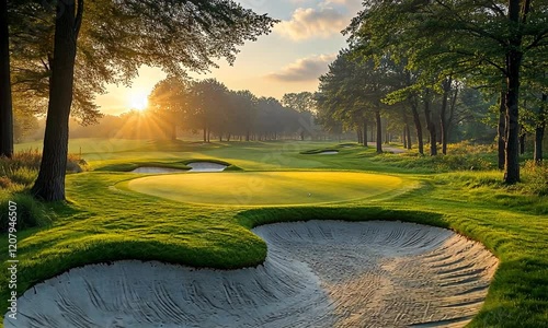 A serene golf course at sunrise, featuring a sand trap and lush green fairways.