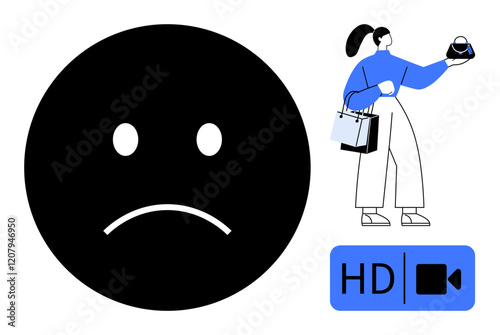 Sad black emoticon with downturned mouth, woman in blue top holding teapot and shopping bags, HD video call icon. Ideal for emotions, online communication, consumerism, shopping, video calls, mental