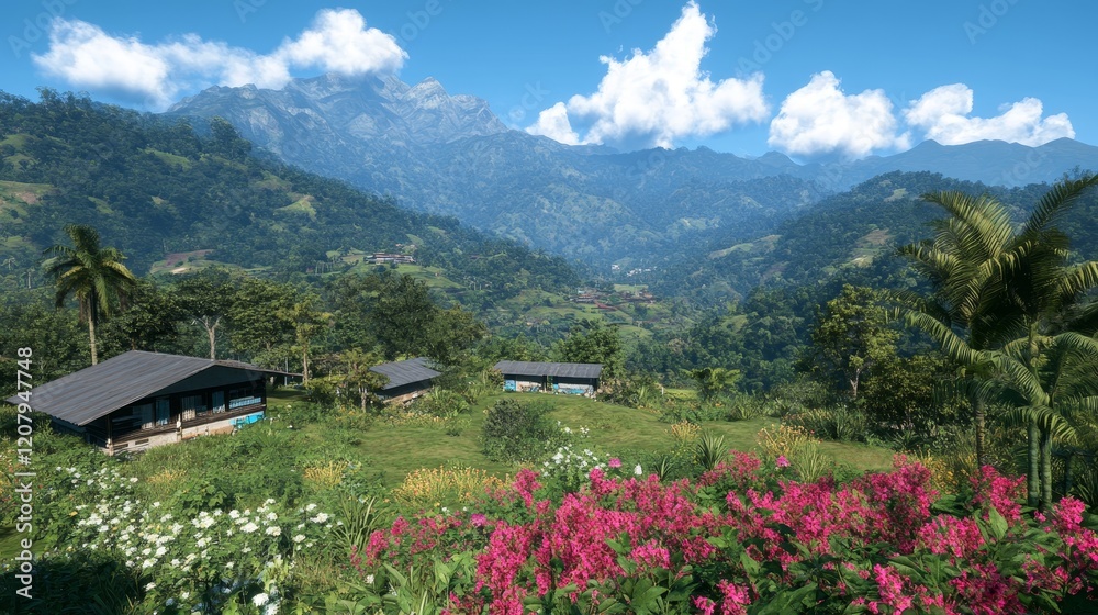 Mountain Village Houses Scenic View Lush Greenery Mountain Village Houses Scenic View Lush Greenery