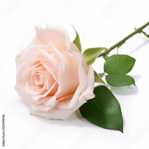 Elegant single pink rose with a green stem and leaf isolated on a white background, symbolizing love and beauty.
