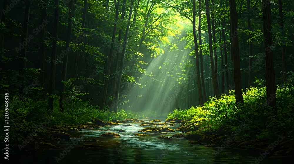 Obraz premium Serene Forest Scene with Sunlight and Stream Flowing Through Trees