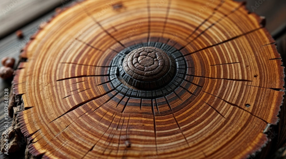 Obraz premium Macro view of wood texture highlighting annual growth rings and central knot, detailed structure of tree cross-section, natural patterns, rustic and warm wooden background, perfect for organic design 