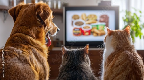 Joyful dog and curious cat watching food advertisement on television at home